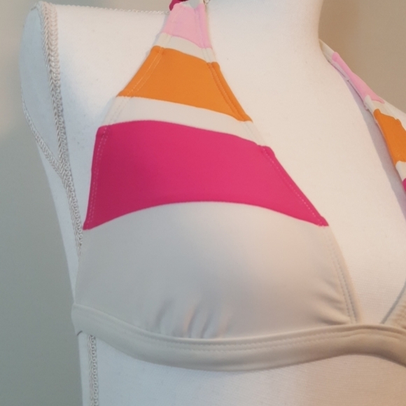 V neck tie neck bikini top. Pink white and orange - Picture 6 of 6